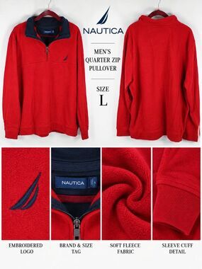 Nautica Men's Red Contrast Neck 1/4 Zip Fleece Pullover L